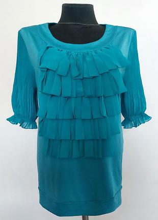 Суперцена. стильная блузка, жабо. голубо-бирюзовая. турция. новая, р-ры 42-56