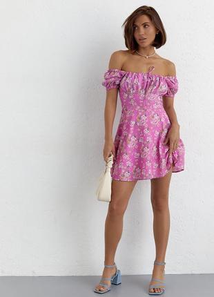 Женское летнее платье мини в цветочный принт - розовый цвет, l (есть размеры)