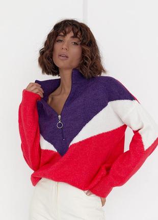 Женская трехцветкая кофта с молнией на воротнике - фиолетовый цвет, l (есть размеры)7 фото