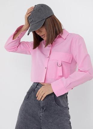 Укороченная женская рубашка с накладным карманом - розовый цвет, l (есть размеры)7 фото