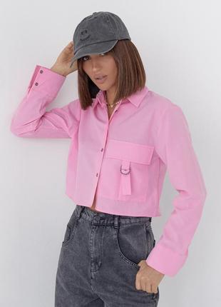 Укороченная женская рубашка с накладным карманом - розовый цвет, l (есть размеры)