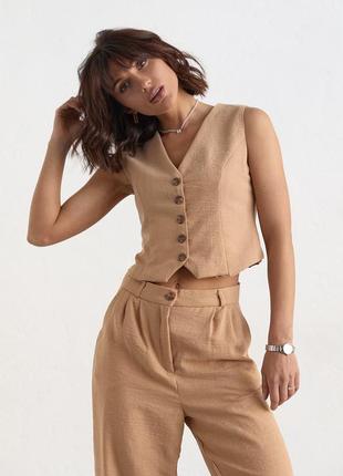 Жіночий брючний костюм із жилеткою — світло-коричневий колір, l (є розміри)6 фото