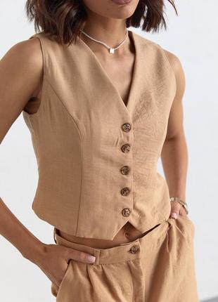 Жіночий брючний костюм із жилеткою — світло-коричневий колір, l (є розміри)4 фото