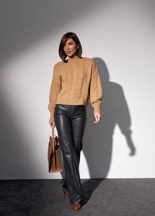 В'язаний жіночий светр із косами — коричневий колір, l (є розміри)3 фото