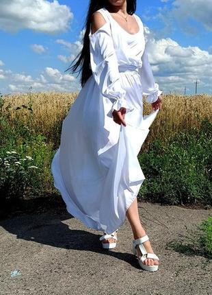 Белое длинное платье с рукавами батал шелковое7 фото