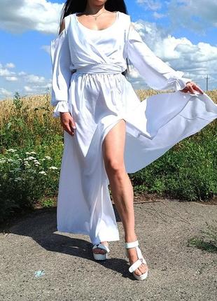 Белое длинное платье с рукавами батал шелковое4 фото