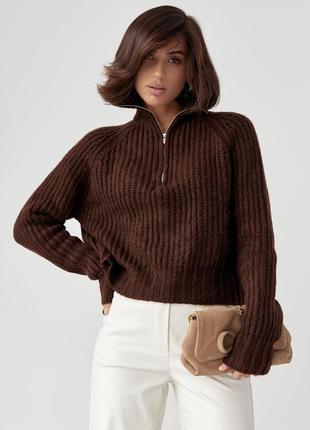Женский вязаный свитер oversize с воротником на молнии - коричневый цвет, l (есть размеры)