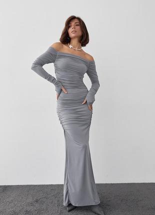 Длинное вечернее платье с драпировкой - серый цвет, l (есть размеры)