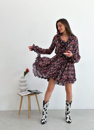 Воздушное шифоновое платье в цветы на лето, платье мини с цветочным принтом из шифона7 фото
