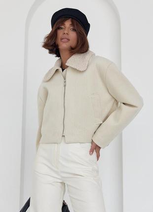 Жіноче коротке пальто в ялинку — кремовий колір, l (є розміри)8 фото