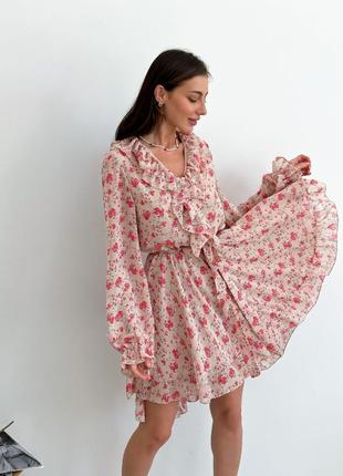 Воздушное шифоновое платье в цветы на лето, платье мини с цветочным принтом из шифона