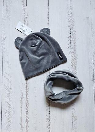 Шапка снуд,шапка хомут, набір,комплект шапка хомут,велюрова шапка,шапка демі,осінь,шапка з вушками 46-48