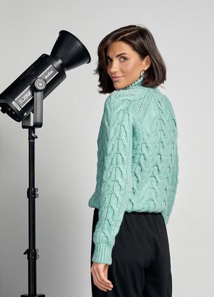 Женский свитер из крупной вязки в косичку - мятный цвет, l (есть размеры)2 фото