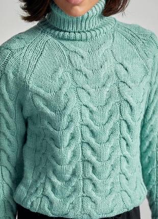 Женский свитер из крупной вязки в косичку - мятный цвет, l (есть размеры)4 фото