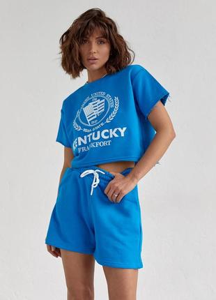 Женский спортивный комплект с шортами и футболкой - синий цвет, l (есть размеры)2 фото