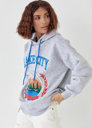 Утепленное худи с принтом и надписью lake city - светло-серый цвет, l (есть размеры)5 фото