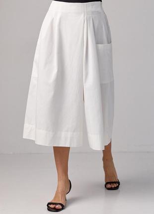 Коттоновые женские брюки-кюлоты с имитацией юбки легкие летние молочные2 фото