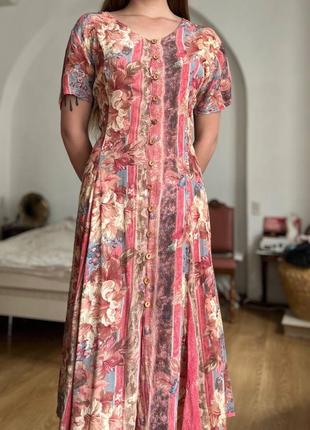 Винтажное платье на лето, легкое и приятное к телу 100% вискоза производитель - индия цветочный принт яркая розовая красная женская