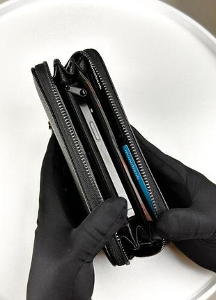 Мужской черный кожаный клатч кошелек из натуральной зернистой кожи на молнии с ремешком6 фото
