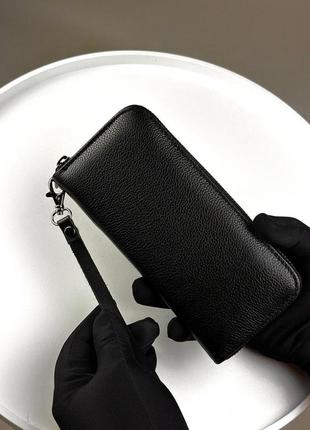 Мужской черный кожаный клатч кошелек из натуральной зернистой кожи на молнии с ремешком