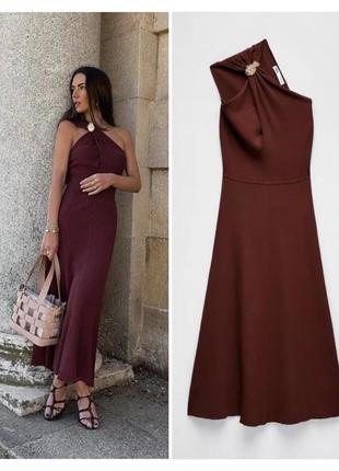 Коричневое миди платье трикотажное zara длинное платье в греческом стиле бордовое платье вискозное в рубчик на одно плечо