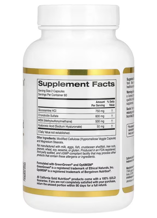 California gold nutrition, глюкозамин, хондроитин, мсм и гиалуроновая кислота, 120...