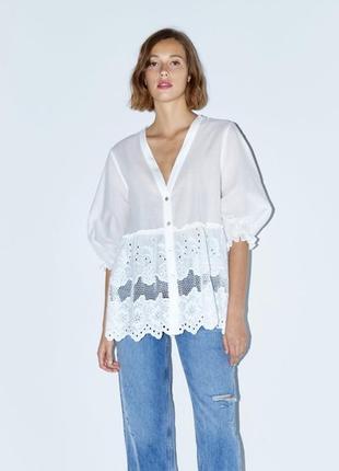 Вільна бавовняна сорочка з прошвою/блуза з вишивкою оверсайз zara зі свіжих колекцій