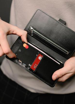 Мужской черный портмоне, кошелек из натуральной гладкой кожи на кнопке.4 фото