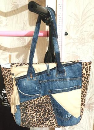 Оригинальная сумка шоппер ручной работы из джинсовой ткани с  вставками из натуральной кожи3 фото