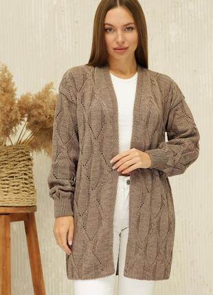 Кардиган женский вязаный, из турецкой пряжи, полу-шерстяной, полу -батальный, кофейный
