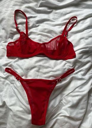 Красный комплект белья прозрачная сеточка трусики на регуляторах сексуальное белье3 фото