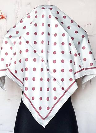Хустка жіноча шовкова 75*75 см айворі горох кармін на голову шию
