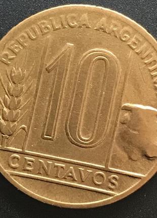 Монета аргентины 10 сентаво 1948 г.