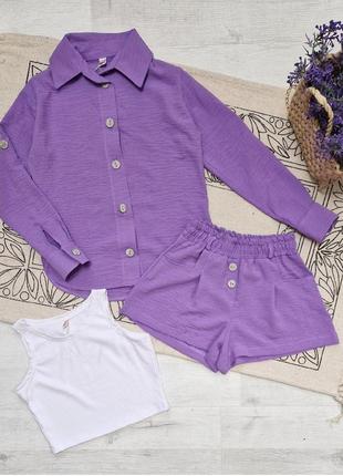 Стильный костюмчик тройка (рубашка+топ+шорты)
ткань американская жатка,топ рубчик