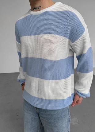Чоловічий вʼязаний оверсайз светр в смужку голубий2 фото