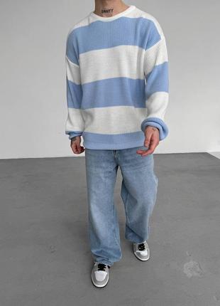 Мужской вязаный оверсайз свитер в полоску голубой4 фото