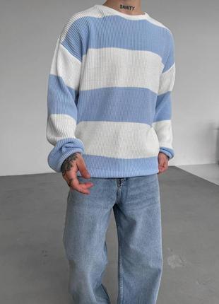 Мужской вязаный оверсайз свитер в полоску голубой7 фото