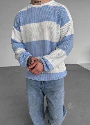 Мужской вязаный оверсайз свитер в полоску голубой5 фото