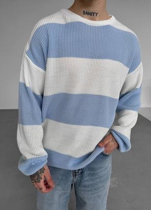Чоловічий вʼязаний оверсайз светр в смужку голубий3 фото