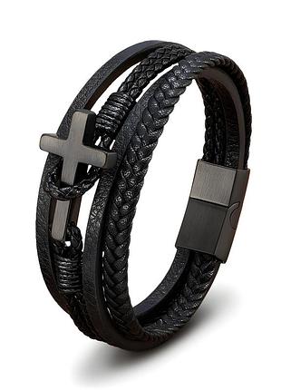 Браслет шкіряний чорний хрест з гравіювання на подарунок. індивідуальне гравіювання на браслеті