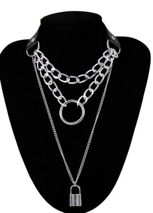 Чокер з єкошкіри з сріблястими ланцюжками