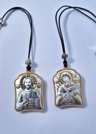 Автомобильная двухсторонняя икона ладанка иисус семистрельная богородица серебро 925...