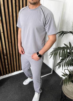 Спортивный костюм футболка свободного кроя майка штаны джоггеры комплект мужской стильный базовый черный серый