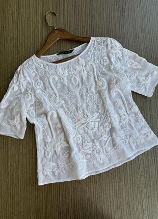 Zara блуза с вышивкой, белая блуза, белая футболка