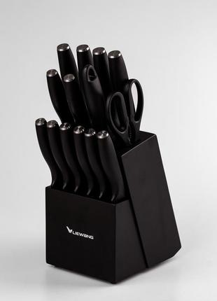 Набор кухонных ножей на деревянной подставке 14 предметов черный4 фото