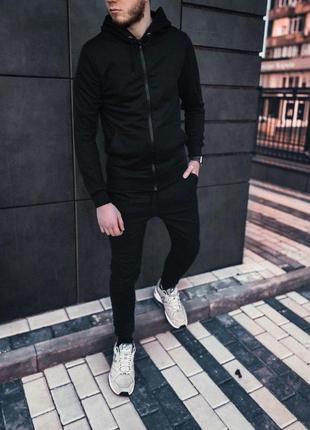 Чоловічий чорний спортивний костюм з кофтою на змійці | осінній спортивний костюм кофта з капішоном та штани