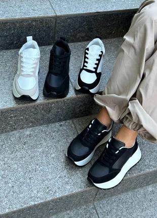 Черно-белые массивные кроссовки сникерсы на платформе/танкетка 35-39