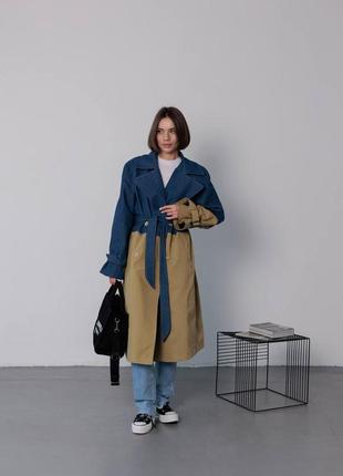 Комбинированный двухцветный джинсовый плащ на пуговицах с поясом с карманами