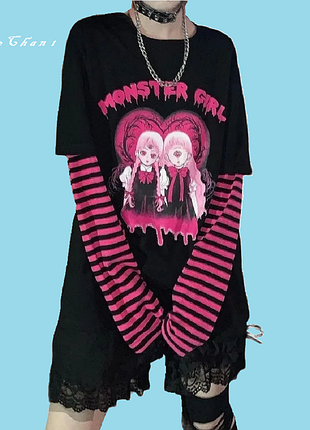 Лонгслів чорний із рожевим малиновим аніме рукав смугастий аніме-сплей японському стилі емо y2k