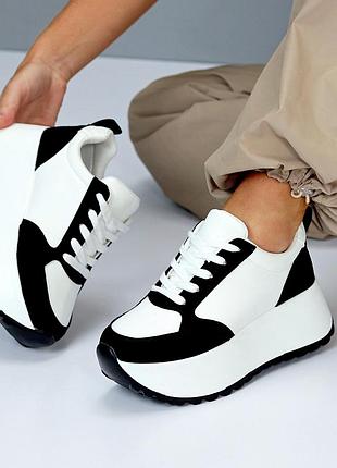 Молодежные комбинированные черно-белые кроссовки сникерсы на платформе 38-23,5 см